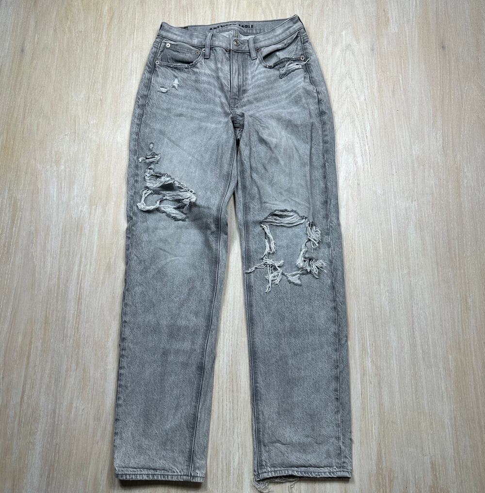 American Eagle 90s Straight Super High Rise Distressed Gray Ripped Jeans 4